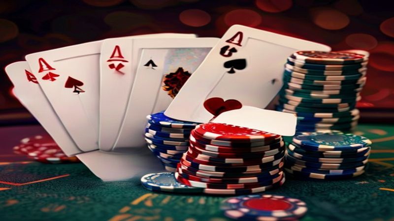 Minh họa bàn Poker Texas Hold'em với bài chung và bài úp
